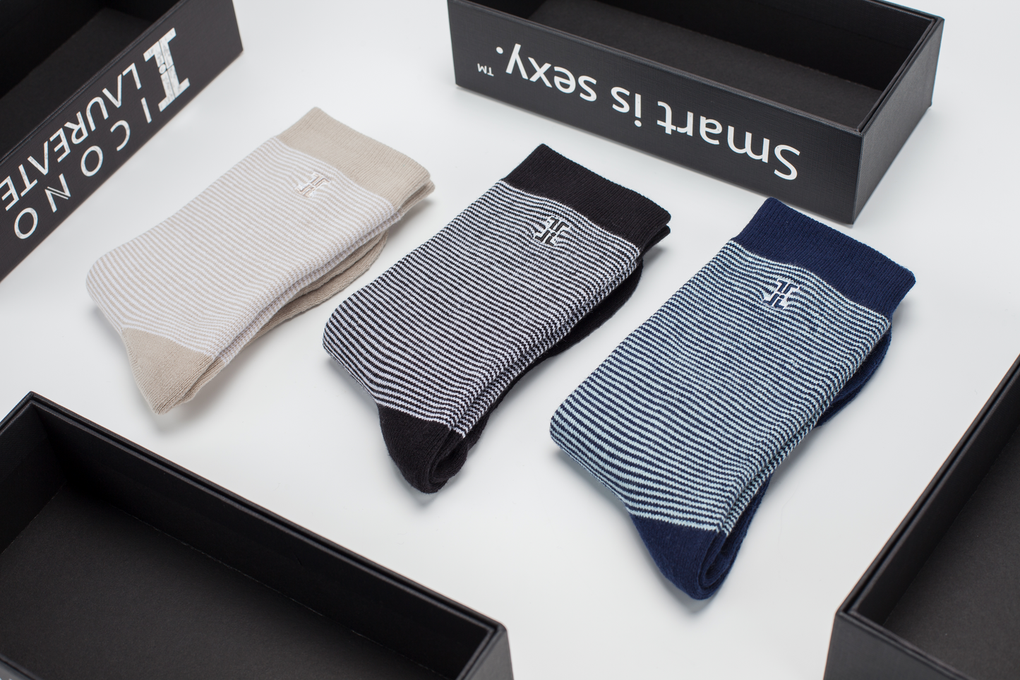 "Smart and Sexy" Crew Socks (3 Pair), Black Stripes, Navy Stripes, and White Stripes