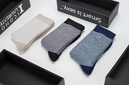 "Smart and Sexy" Crew Socks (3 Pair), Black Stripes, Navy Stripes, and White Stripes
